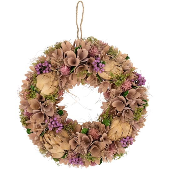 12&#x22; Purple &#x26; Beige Wooden Floral &#x26; Preserved Artichoke Wreath